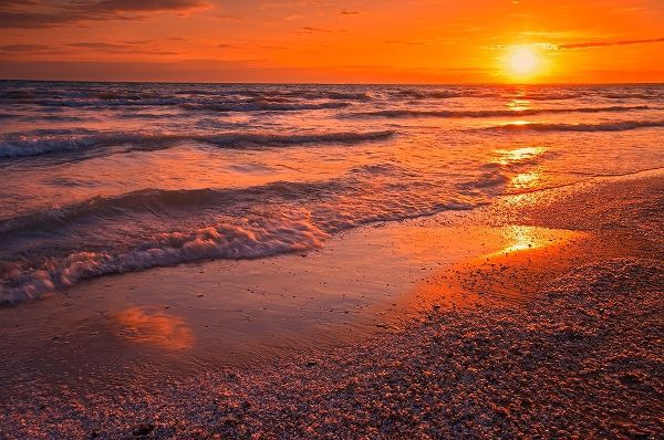 Canada-Ontario-Sandbanks Provincial Park-Waves on Lake Ontario beach at sunset